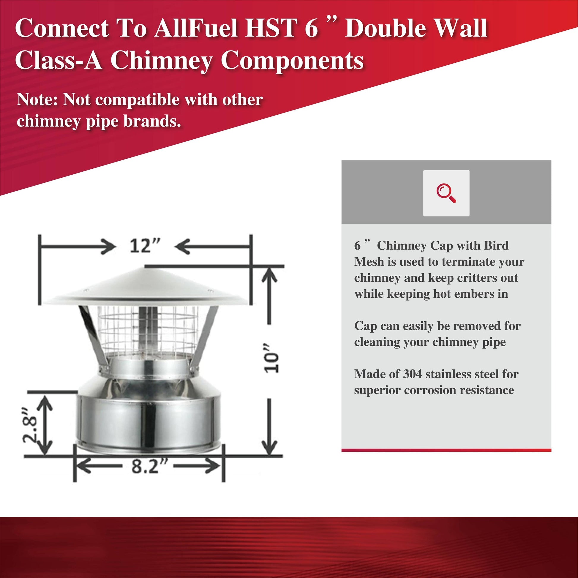 Chimney Cap with Spark Screen for 6" Inner Diameter Chimney Pipe