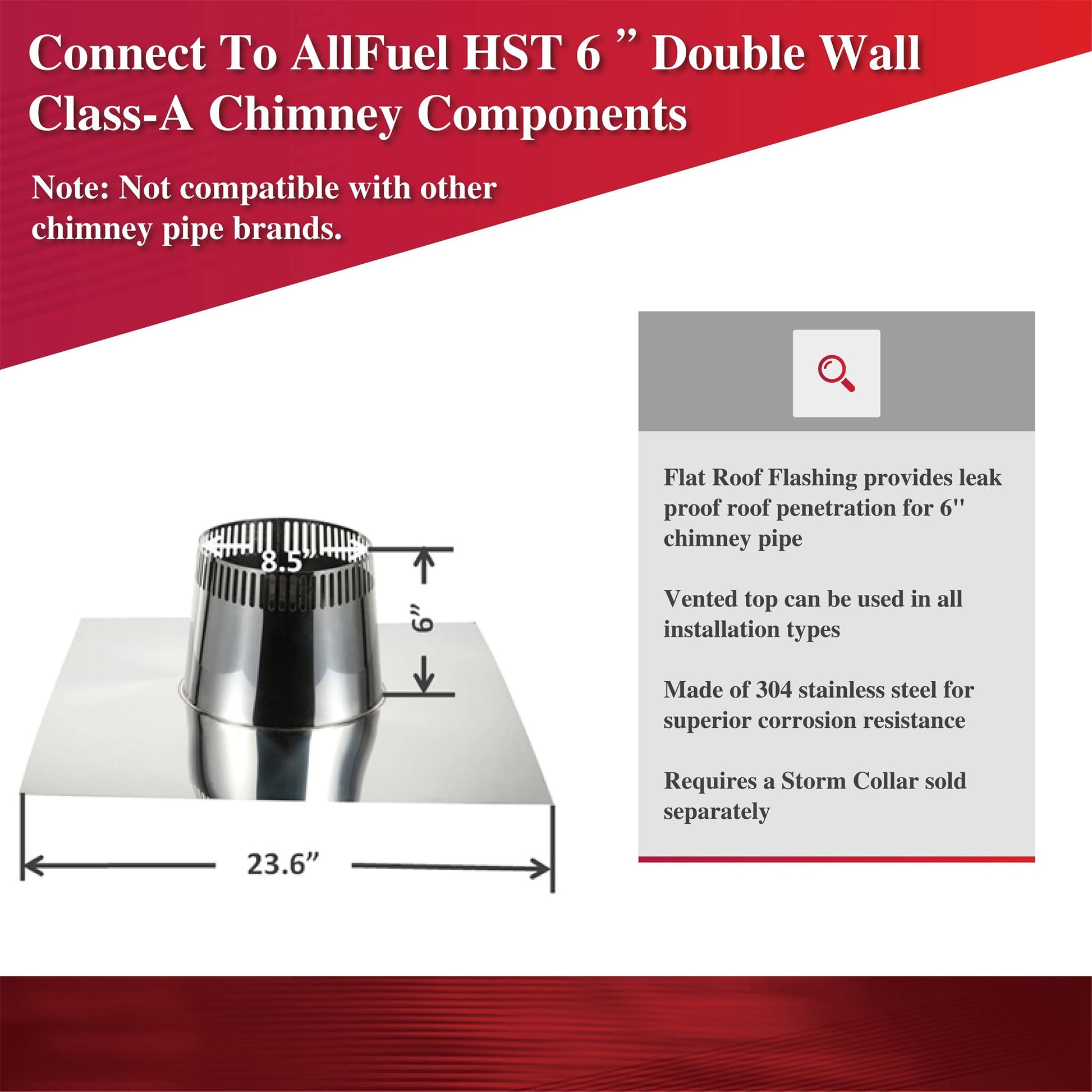 Flat Roof Flashing for 6" Inner Diameter Chimney Pipe