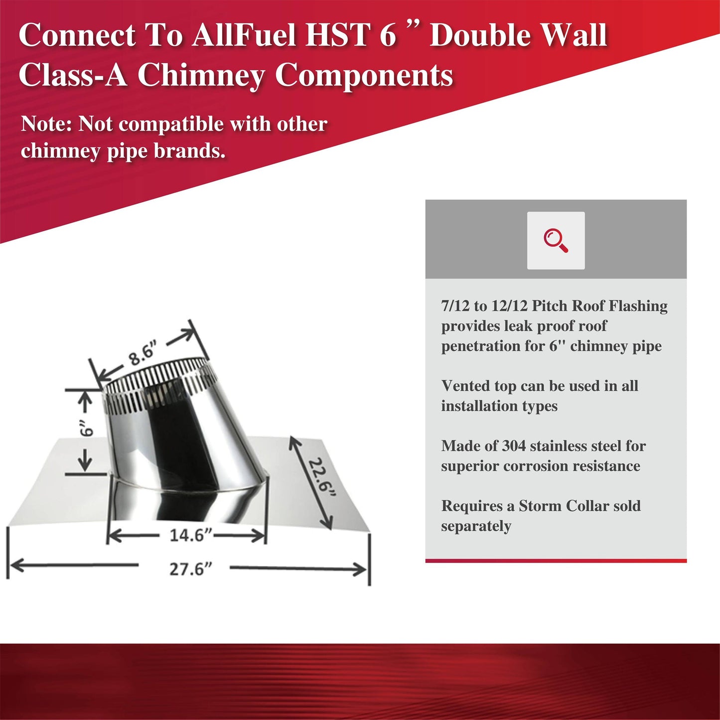 Pitch Roof Flashing 7/12 to 12/12 for 6" Inner Diameter Chimney Pipe